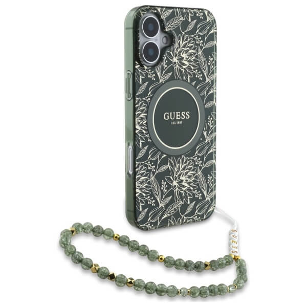Guess iPhone 16 - IML Flowers Allover Electro With Pearl Strap MagSafe - Σκληρή Θήκη με Πλαίσιο Σιλικόνης και Λουράκι - White / Green - GUHMP16SHCPOFPA