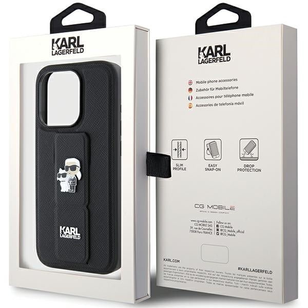 Karl Lagerfeld iPhone 15 Pro - Gripstand Saffiano Karl and Choupette Pin Σκληρή Θήκη με Επένδυση Συνθετικού Δέρματος και Stand - Black - KLHCP15LGSAKCPK
