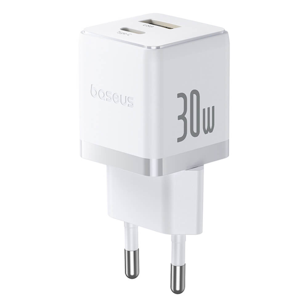 Baseus Palm Οικιακός Φορτιστής Γρήγορης Φόρτισης 30W με 1 Θύρα Type - C και 1 Θύρα USB - Moon White