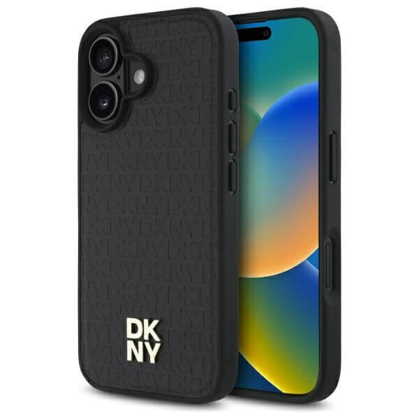 DKNY iPhone 16 - Repeat Pattern Stack Logo MagSafe - Σκληρή Θήκη με Επένδυση Συνθετικού Δέρματος - Black