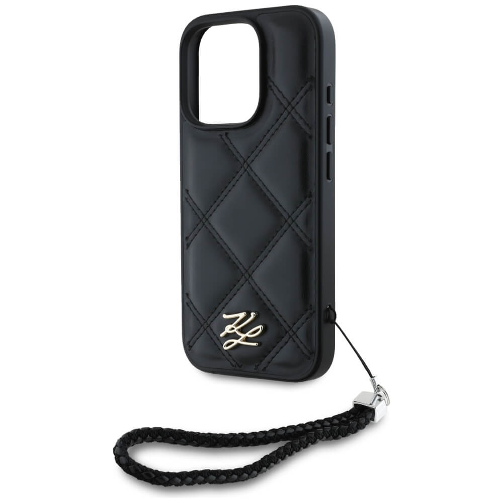 Karl Lagerfeld iPhone 16 Pro - Quilted Initial Logo and Chain Strap - Θήκη με Επένδυση Συνθετικού Δέρματος και Λουράκι - Black - KLHCP16LPSQSKLSMSK