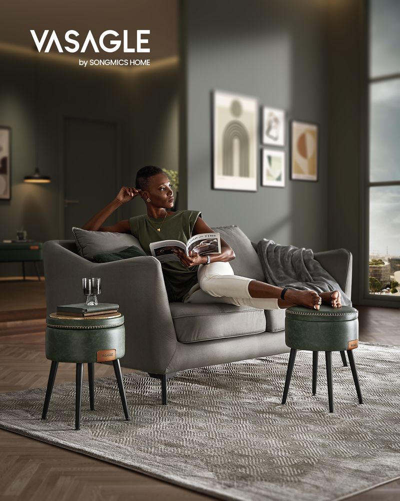 Vasagle EKHO Σκαμπό με Αποθηκευτικό Χώρο από Συνθετικό δέρμα και Ατσάλινα Πόδια - 38.2 x 44.4 cm - Forest Green - LOM005C01