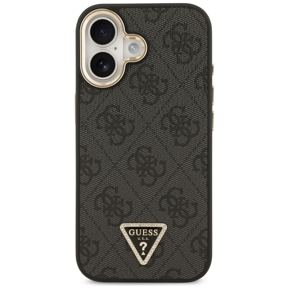 Guess iPhone 17 - 4G Triangle Strass Logo MagSafe - Σκληρή Θήκη με Επένδυση Συνθετικού Δέρματος - Black / Gold - GUHMP17SP4GTDGMK