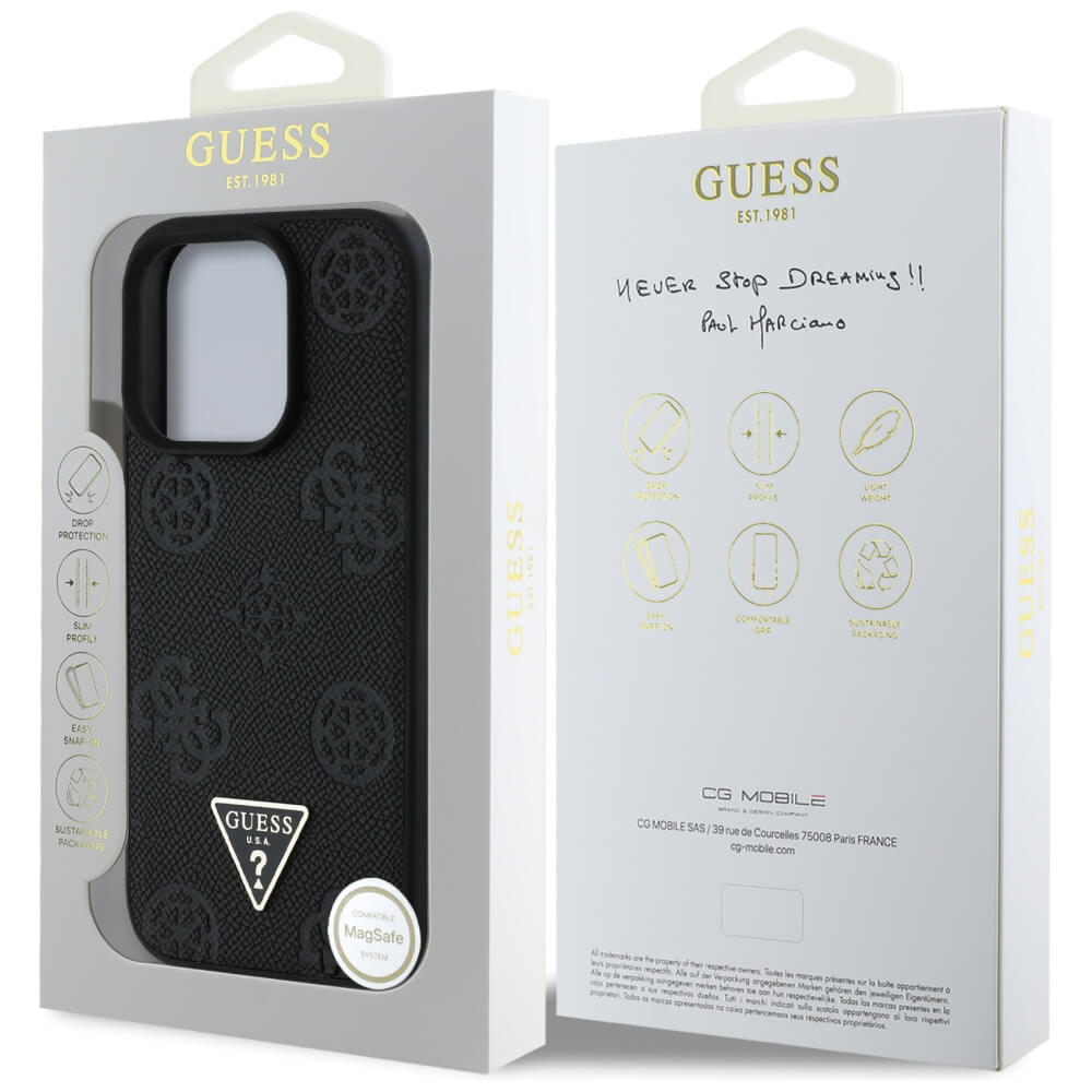 Guess iPhone 16 Pro Max - Grained Hot Stamp Peony Triangle Logo - MagSafe Σκληρή Θήκη με Επένδυση Συνθετικού Δέρματος - Black - GUHMP16XPGBTMK