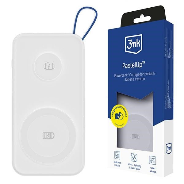 3MK PowerBank PastelUp 10000mAh 22.5W με 1 Θύρα USB / 1 Θύρα Type - C / 1 Ενσωματωμένο Καλώδιο Type - C και 1 Καλώδιο Type - C to Lightning - White