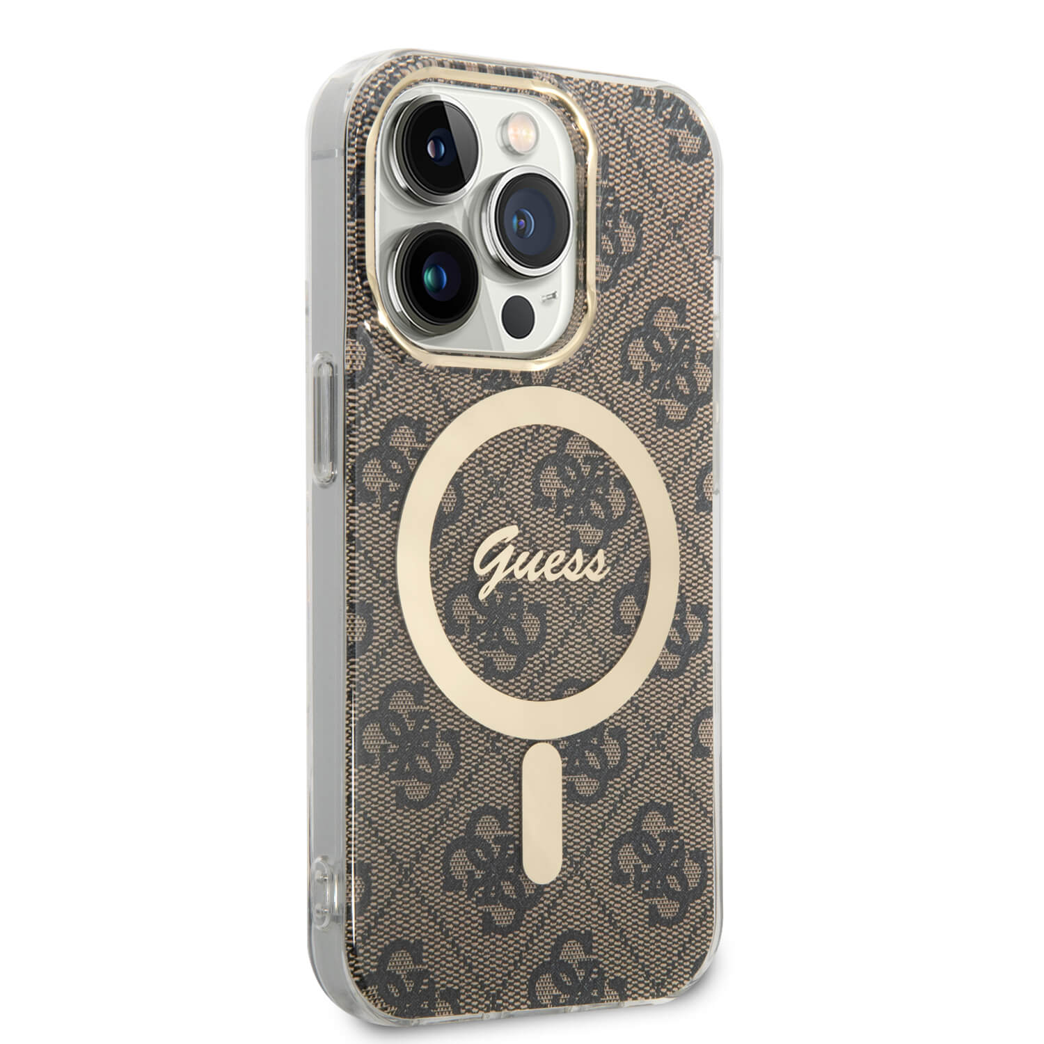 Guess iPhone 14 Pro - Bundle Pack MagSafe - Σετ Σκληρή Θήκη με Πλαίσιο Σιλικόνης και Ασύρματος Φορτιστής MagSafe - Design 4G and Gold - Brown - GUBPP14LH4EACSW