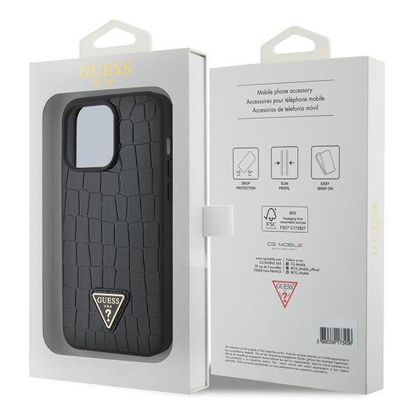 Guess iPhone 15 Pro Max Croco Triangle Metal Logo Θήκη με Επένδυση Συνθετικού Δέρματος και Πλαίσιο Σιλικόνης - Black - GUHCP15XPCRTHCK
