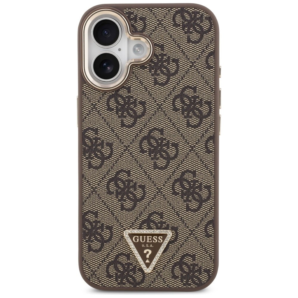 Guess iPhone 17 - 4G Triangle Strass Logo MagSafe - Σκληρή Θήκη με Επένδυση Συνθετικού Δέρματος - Brown / Gold - GUHMP17SP4GTDGMW