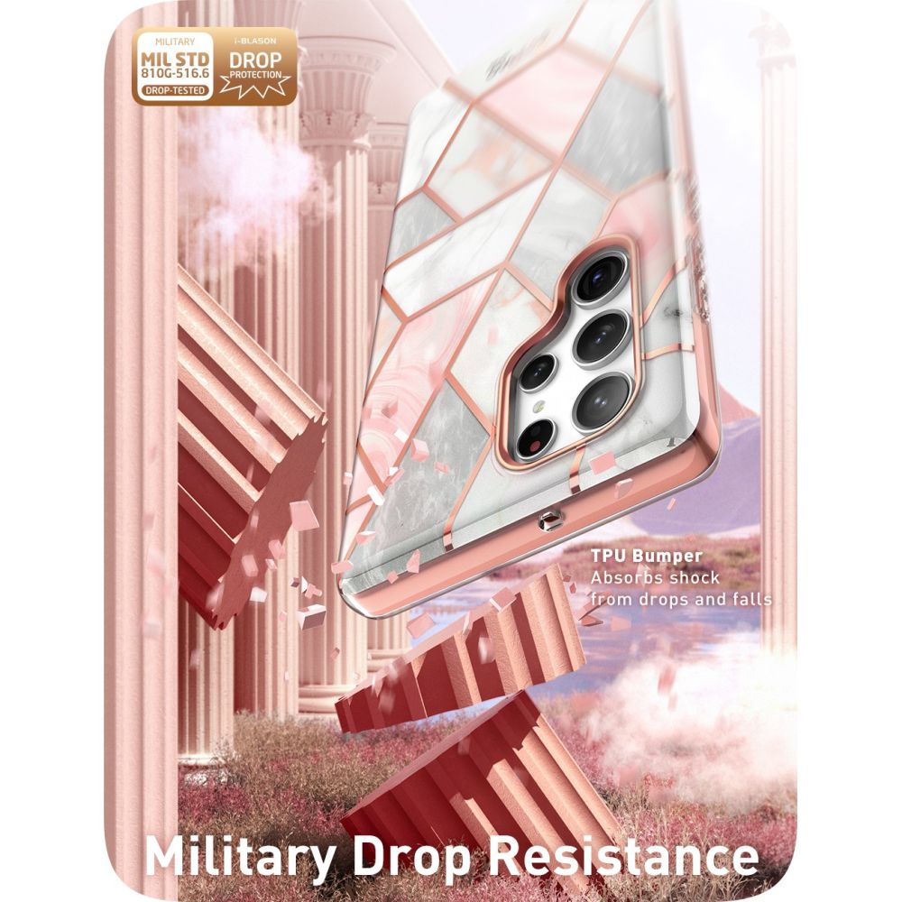 i - Blason Samsung Galaxy S23 Ultra Cosmo Σκληρή Θήκη με Πλαίσιο Σιλικόνης και Προστασία Οθόνης - Marble Pink