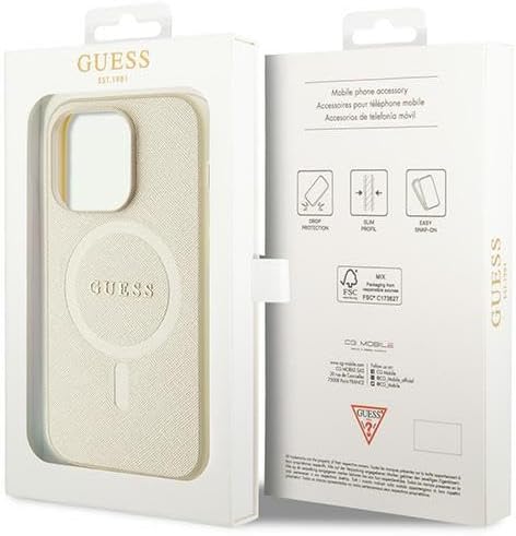 Guess iPhone 15 Pro Saffiano MagSafe Σκληρή Θήκη με Πλαίσιο Σιλικόνης και MagSafe - Gold - GUHMP15LPSAHMCB