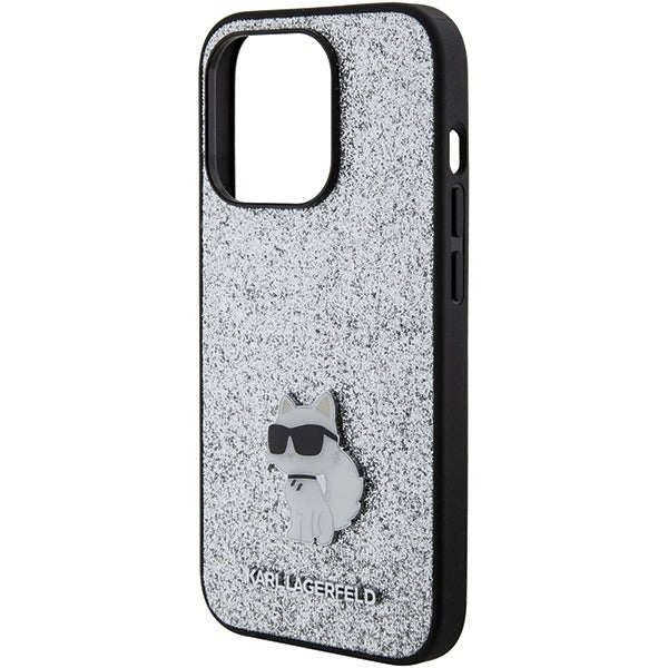 Karl Lagerfeld iPhone 15 Pro Max - Glitter Choupette Logo Metal Logo Σκληρή Θήκη με Πλαίσιο Σιλικόνης - Silver - KLHCP15XGCNPSG