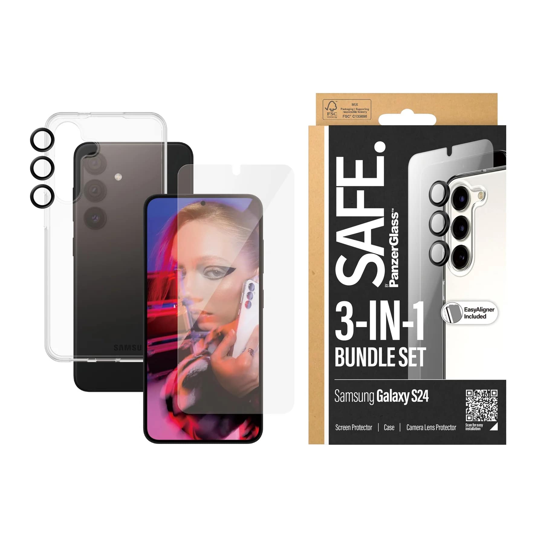 Safe by PanzerGlass Samsung Galaxy S24 - 3 - in - 1 Bundle Set - Σετ με 1 Αντιχαρακτικό Γυαλί Οθόνης, 1 Αντιχαρακτικό Γυαλί για την Κάμερα και 1 Θήκη Σιλικόνης - Clear