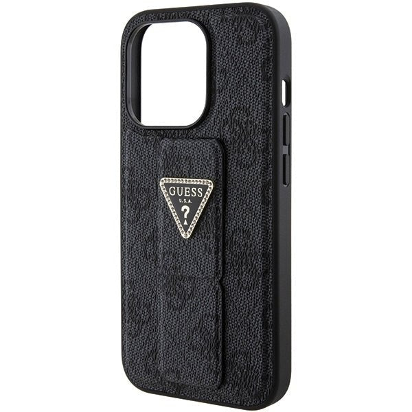 Guess iPhone 15 Pro Grip Stand 4G Triangle Strass Logo Θήκη με Επένδυση Συνθετικού Δέρματος και Stand - Black - GUHCP15LPGS4TDK