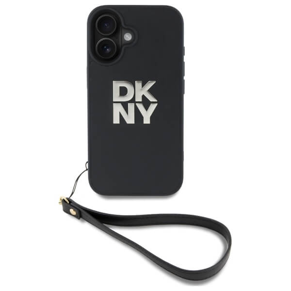 DKNY iPhone 16 - Wrist Strap Stock Logo - Σκληρή Θήκη με Επένδυση Συνθετικού Δέρματος με Λουράκι - Black