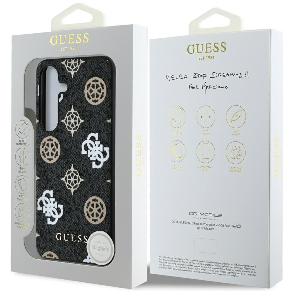 Guess Samsung Galaxy S25 - 4G Printed Colored Peony Pattern - MagSafe Θήκη με Επένδυση Συνθετικού Δέρματος - Black - GUHMS25SP4PWPK