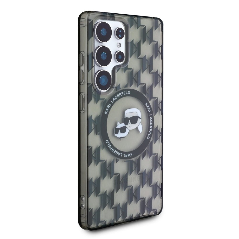 Karl Lagerfeld Samsung Galaxy S25 Ultra - Button Karl and Choupette Heads On KL Pattern - MagSafe Σκληρή Θήκη με Πλαίσιο Σιλικόνης - Black - KLHMS25LHMCKMHK