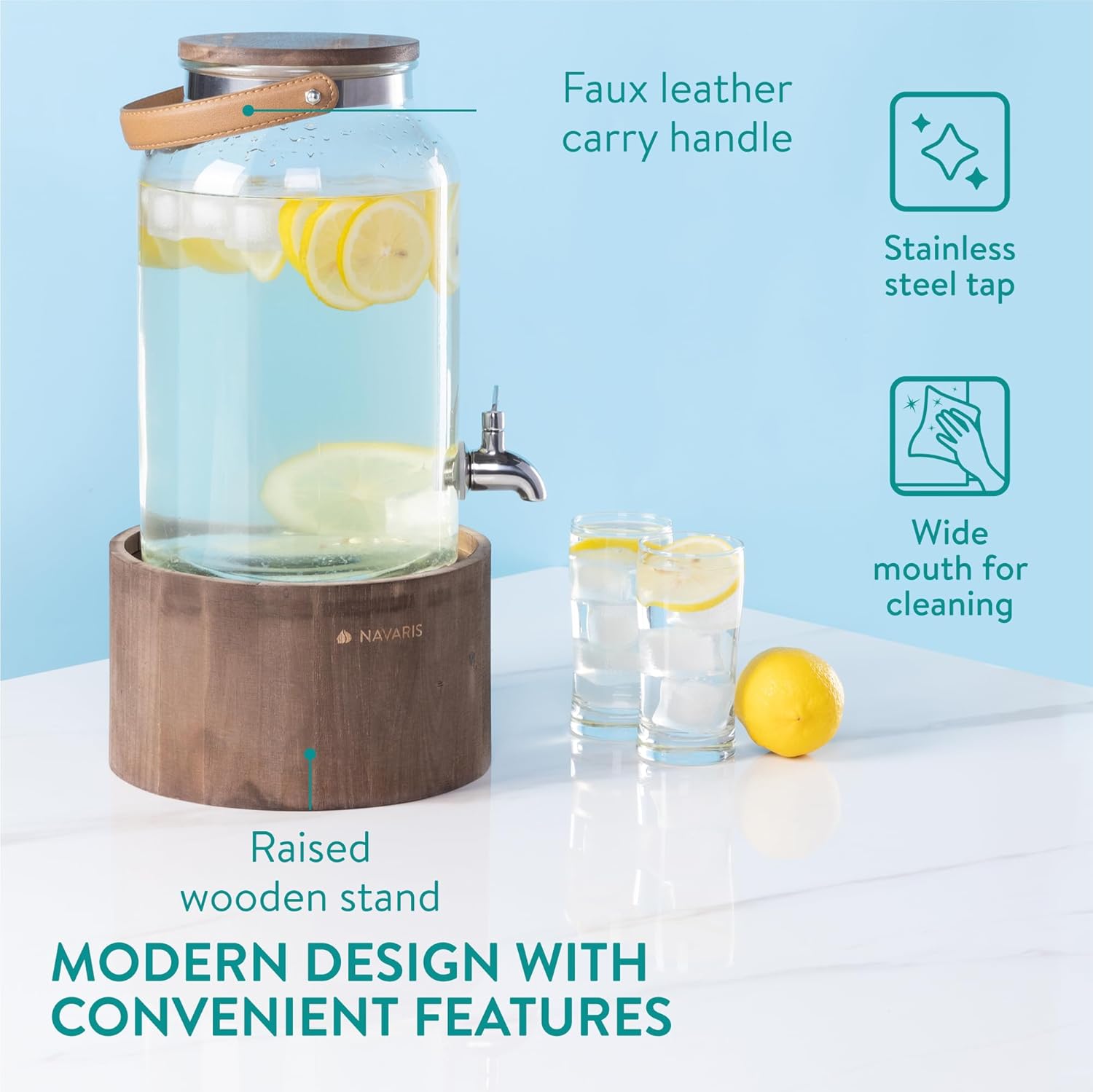 Navaris Γυάλινος Διανεμητής Ποτού με Ξύλινη Βάση και Λαβή - 5.6L - Dark Brown