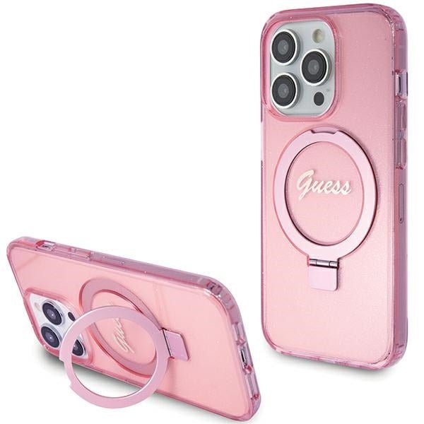 Guess iPhone 15 Pro Max Ring Stand Script Glitter Magsafe Σκληρή Θήκη με Πλαίσιο Σιλικόνης και MagSafe / Stand - Pink - GUHMP15XHRSGSP