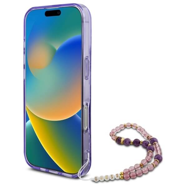 Guess iPhone 16 Pro Max - IML Flowers With Pearl Strap MagSafe - Σκληρή Θήκη με Πλαίσιο Σιλικόνης και Λουράκι - Purple - GUHMP16XHFWBRCESU