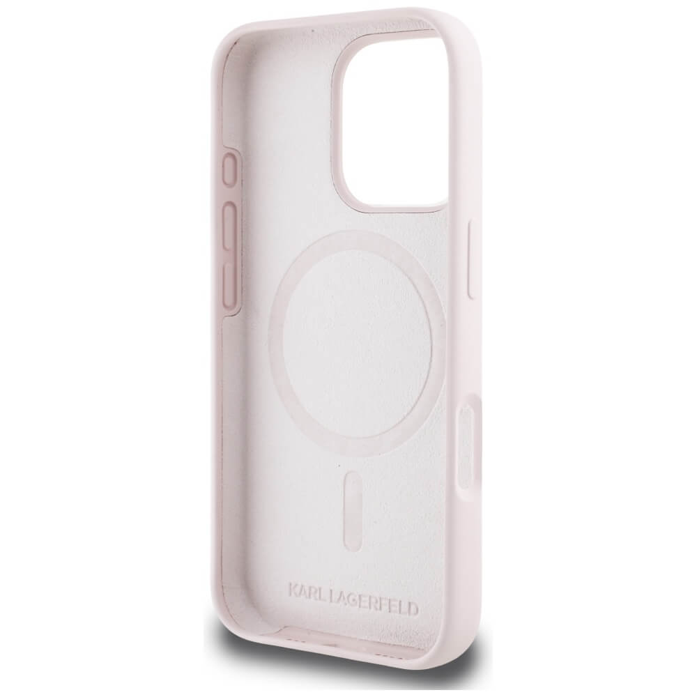 Karl Lagerfeld iPhone 16 Pro - Silicone Double Heads and Circle - Σκληρή Θήκη Σιλικόνης με MagSafe - Pink - KLHMP16LSKCHTCP
