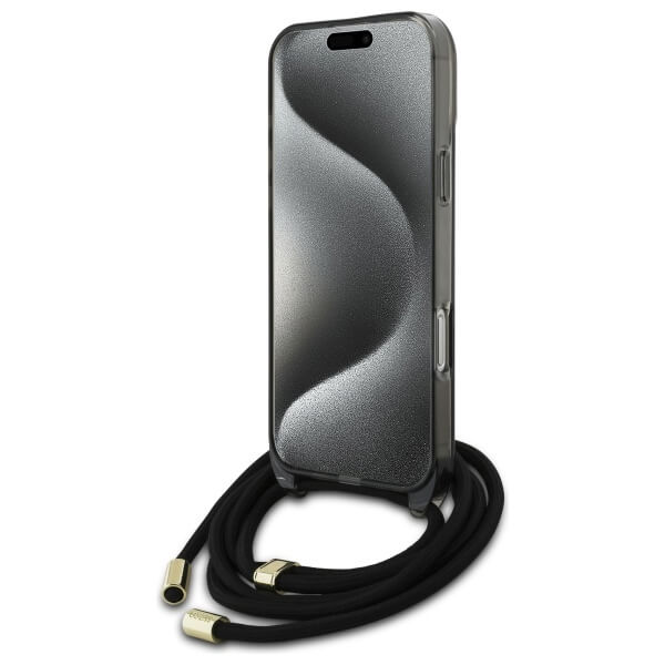 Guess iPhone 16 Pro - Crossbody Cord Script MagSafe - Σκληρή Θήκη με Πλαίσιο Σιλικόνης και Λουράκι - Black - GUHMP16LHCTSGNSK