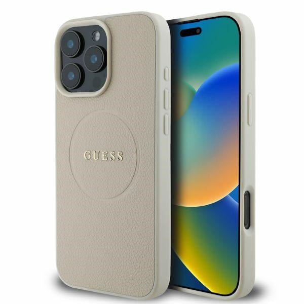 Guess iPhone 16 Pro Max - Grained Gold Ring - MagSafe Σκληρή Θήκη από Οικολογικό Δέρμα - Beige - GUHMP16XPGHSMME