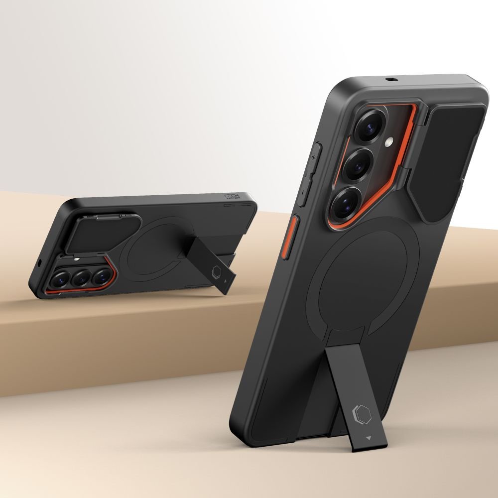 Tech - Protect Samsung Galaxy S26 - Σκληρή Θήκη με Ανοιγόμενο Κάλυμμα Κάμερας και Stand Kevlar - Aura MagSafe - Black / Orange