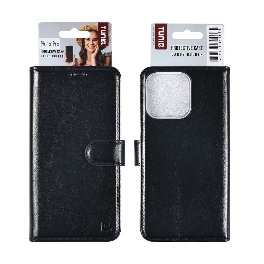 Tuniq iPhone 16 Pro - Θήκη Πορτοφόλι Stand από Δερματίνη - Black