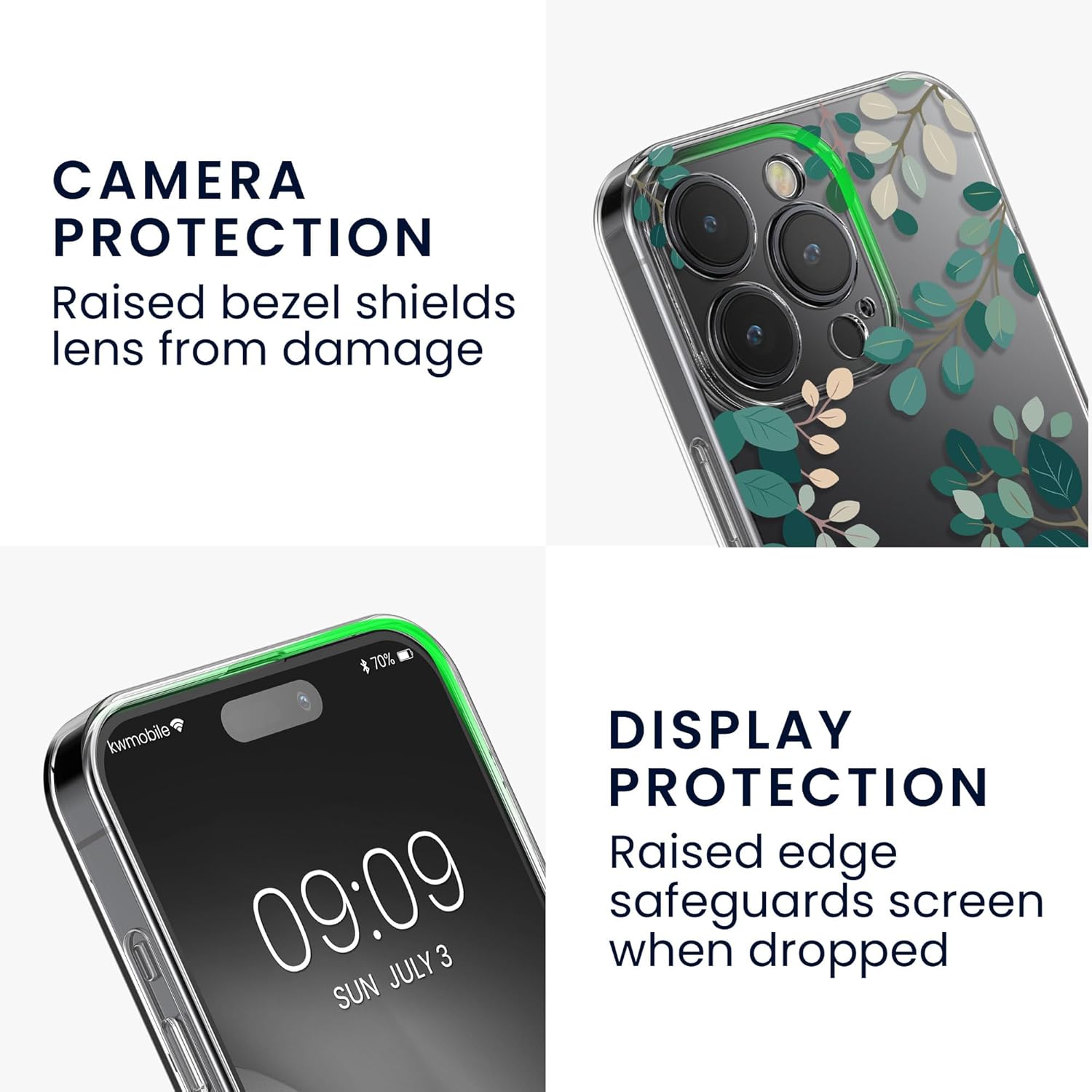 KW iPhone 15 Pro Max Θήκη Σιλικόνης TPU με Αντιχαρακτικό Γυαλί - Design Spring Leaves - Green / Διάφανη