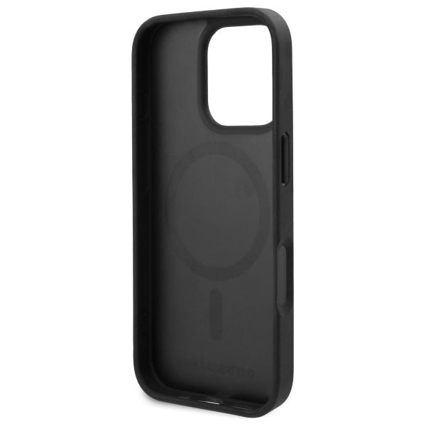 Karl Lagerfeld iPhone 16 Pro Max - Karl Head - MagSafe Σκληρή Θήκη με Επένδυση Συνθετικού Δέρματος και Πλαίσιο Σιλικόνης - Black - KLHMP16XPGKHPHK