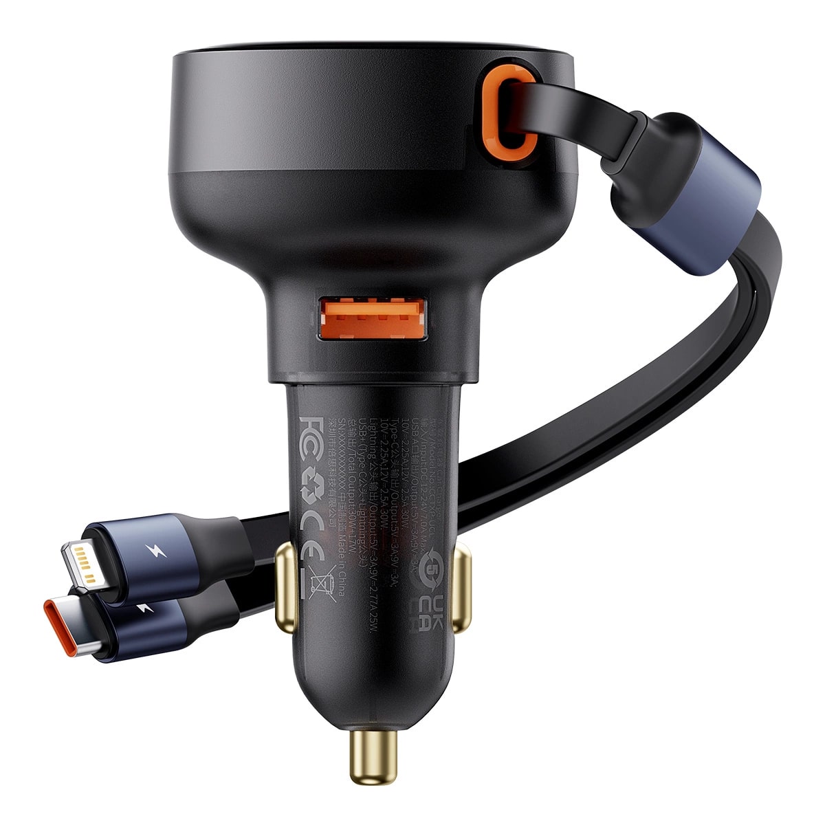 Baseus Enjoyment Pro Φορτιστής Αυτοκινήτου με Θύρα USB και Ενσωματωμένα Καλώδια Type - C και Lightning 60W - Black - C00057802111 - 02