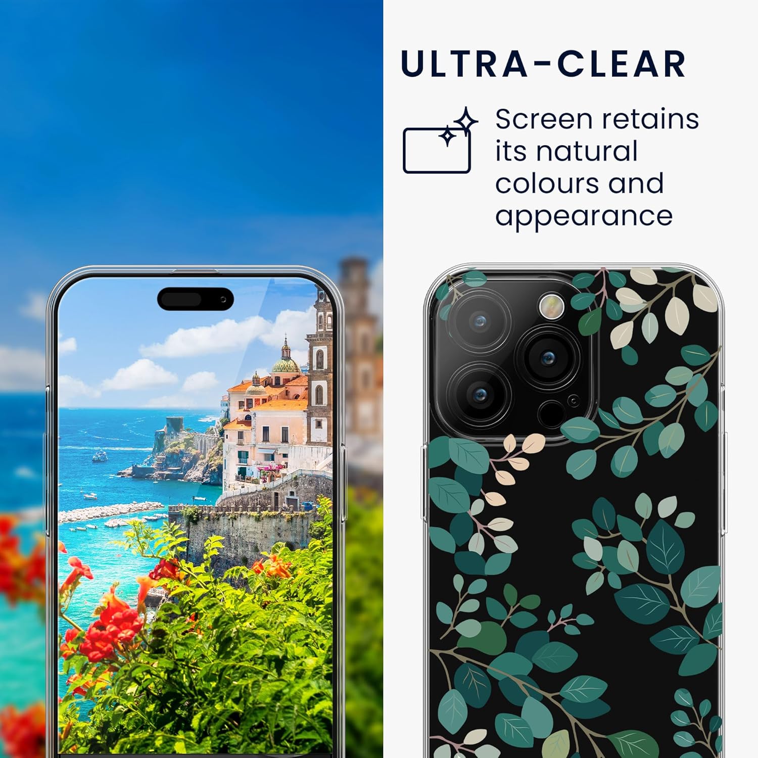 KW iPhone 15 Pro Max Θήκη Σιλικόνης TPU με Αντιχαρακτικό Γυαλί - Design Spring Leaves - Green / Διάφανη