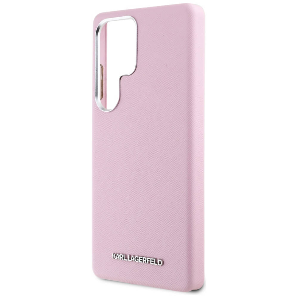 Karl Lagerfeld Samsung Galaxy S25 Ultra - Saffiano Full Wrapped Elongated Metal Logo - MagSafe Σκληρή Θήκη με Επένδυση Συνθετικού Δέρματος και Πλαίσιο Σιλικόνης - Pink - KLHMS25LPSAFWMCP