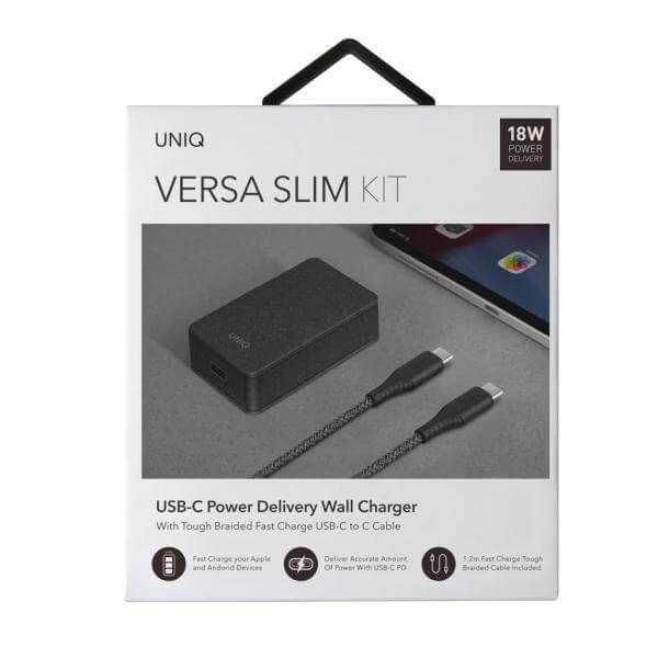Uniq Versa Slim PD 18W Οικιακός Φορτιστής Γρήγορης Φόρτισης με 1 Θύρα Type - C και Καλώδιο Type - C to Type - C - Charcoal Black