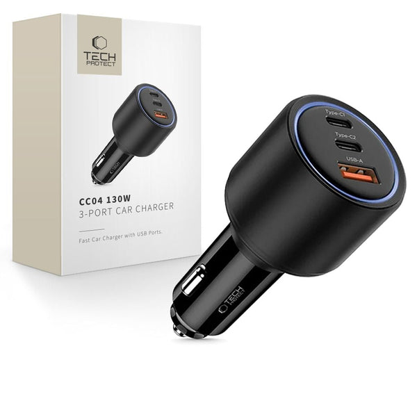 Tech - Protect CC04 PD130W Φορτιστής Αυτοκινήτου Γρήγορης Φόρτισης με 2 Θύρες Type - C και 1 Θύρα USB - Black