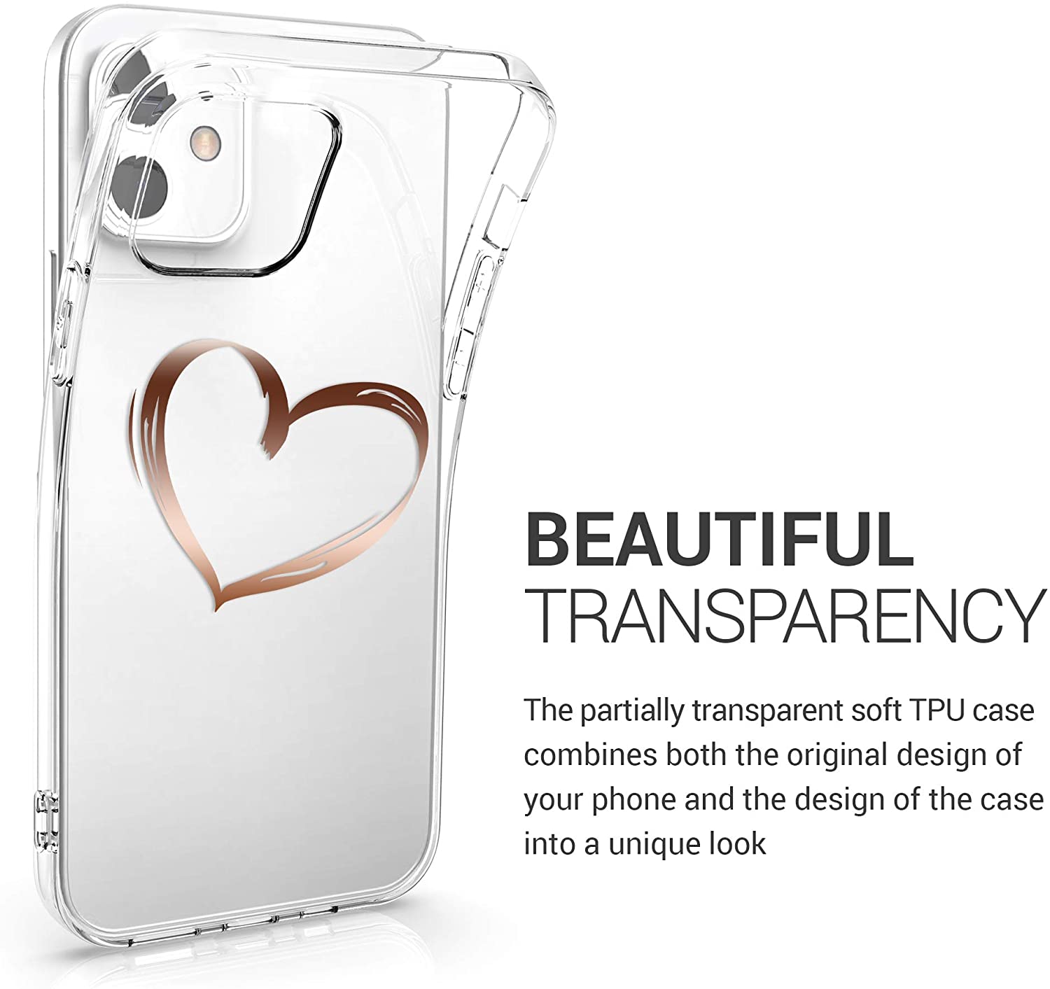 KW iPhone 12 / iPhone 12 Pro Θήκη Σιλικόνης TPU Design Brushed Heart - Διάφανη / Rose Gold - 53035.08