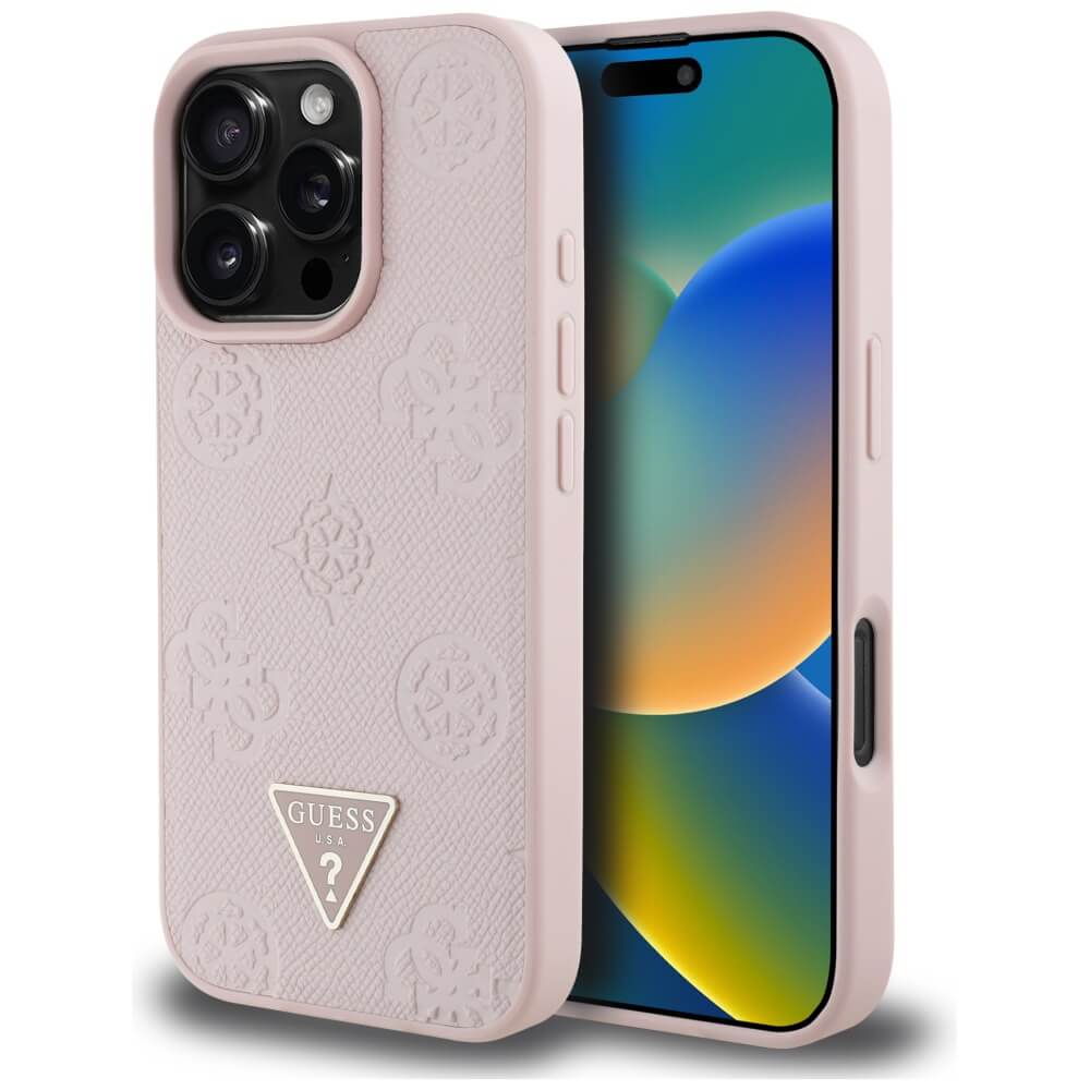 Guess iPhone 16 Pro - Grained Hot Stamp Peony Triangle Logo - MagSafe Σκληρή Θήκη με Επένδυση Συνθετικού Δέρματος - Pink - GUHMP16LPGBTMP