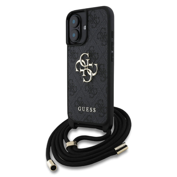 Guess iPhone 16 - 4G Big Logo Cord Stap Crossbody - Θήκη με Επένδυση Συνθετικού Δέρματος και Λουράκι - Black - GUHCP16SP4GMGCRK