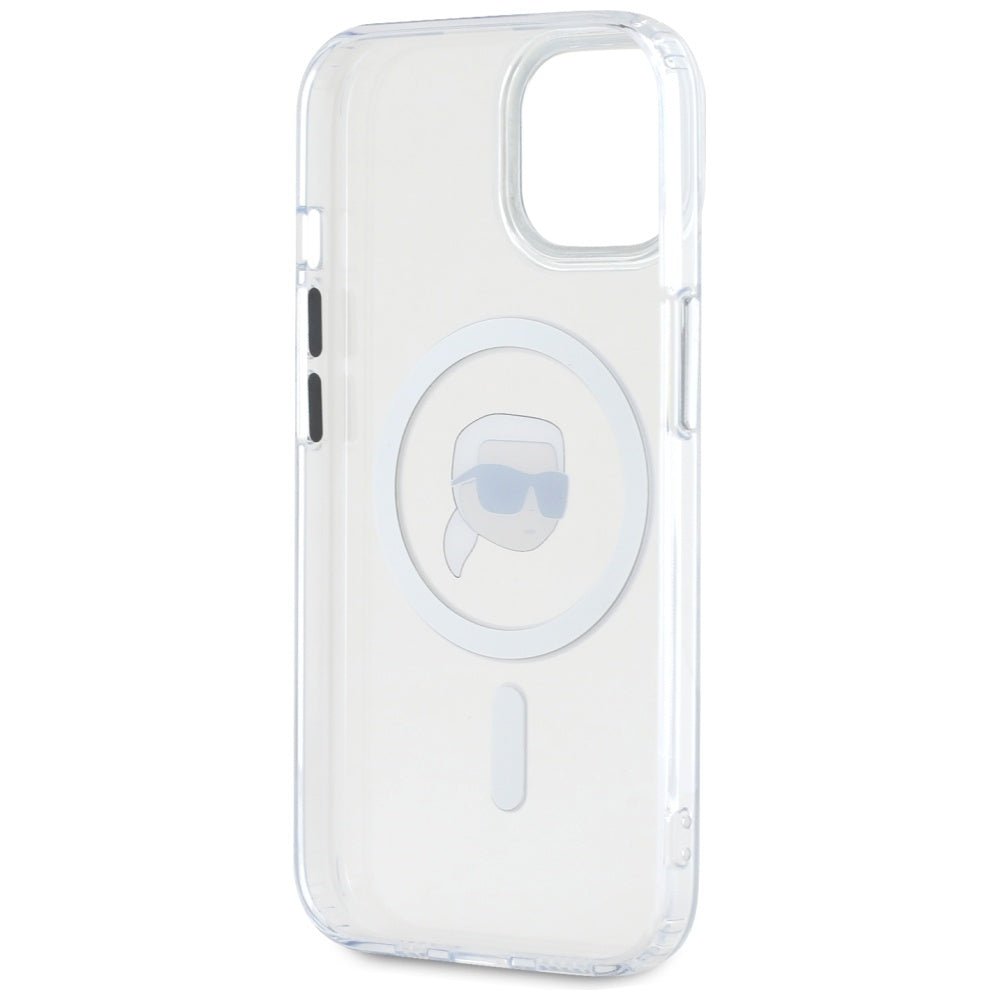 Karl Lagerfeld iPhone 15 Plus - IML Metal Karl Head - MagSafe Σκληρή Θήκη με Πλαίσιο Σιλικόνης - White - KLHMP15MHLSKIH