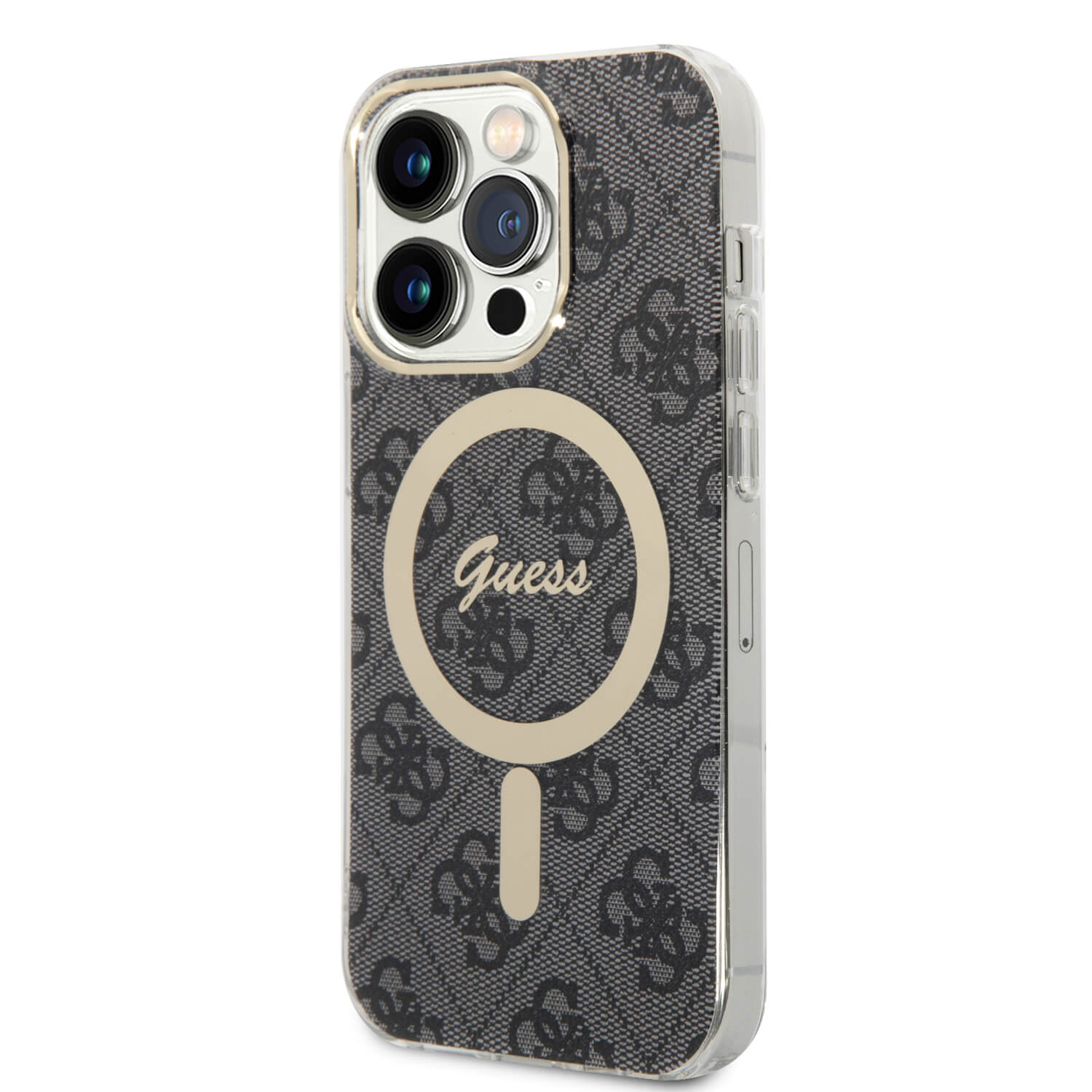 Guess iPhone 14 Pro - Bundle Pack MagSafe - Σετ Σκληρή Θήκη με Πλαίσιο Σιλικόνης και Ασύρματος Φορτιστής MagSafe - Design 4G and Gold - Black - GUBPP14LH4EACSK