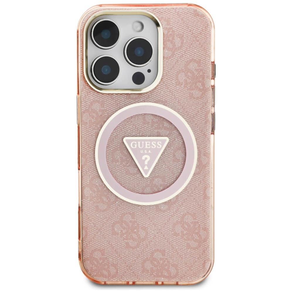 Guess iPhone 16 Pro Max - IML Metal Glitter 4G Circle Triangle MagSafe - Σκληρή Θήκη με Πλαίσιο Σιλικόνης και MagSafe - Pink - GUHMP16XHG4PRTGP