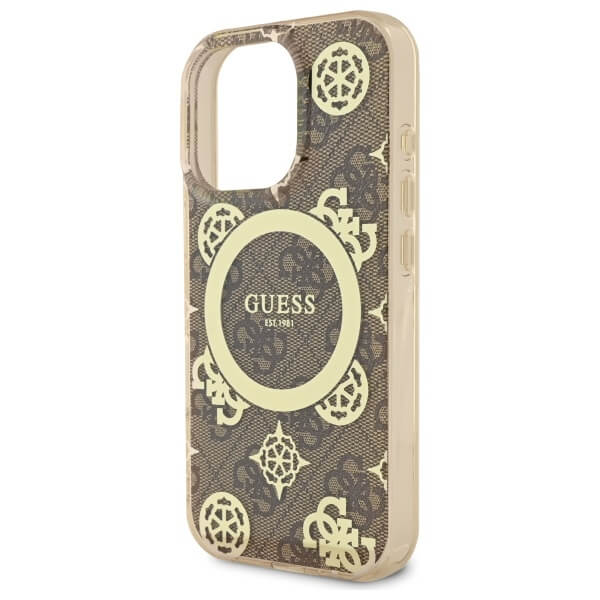 Guess iPhone 16 Pro Max - IML Peony On 4G Background MagSafe - Θήκη με Επένδυση Συνθετικού Δέρματος - Brown - GUHMP16XH4PYEEW
