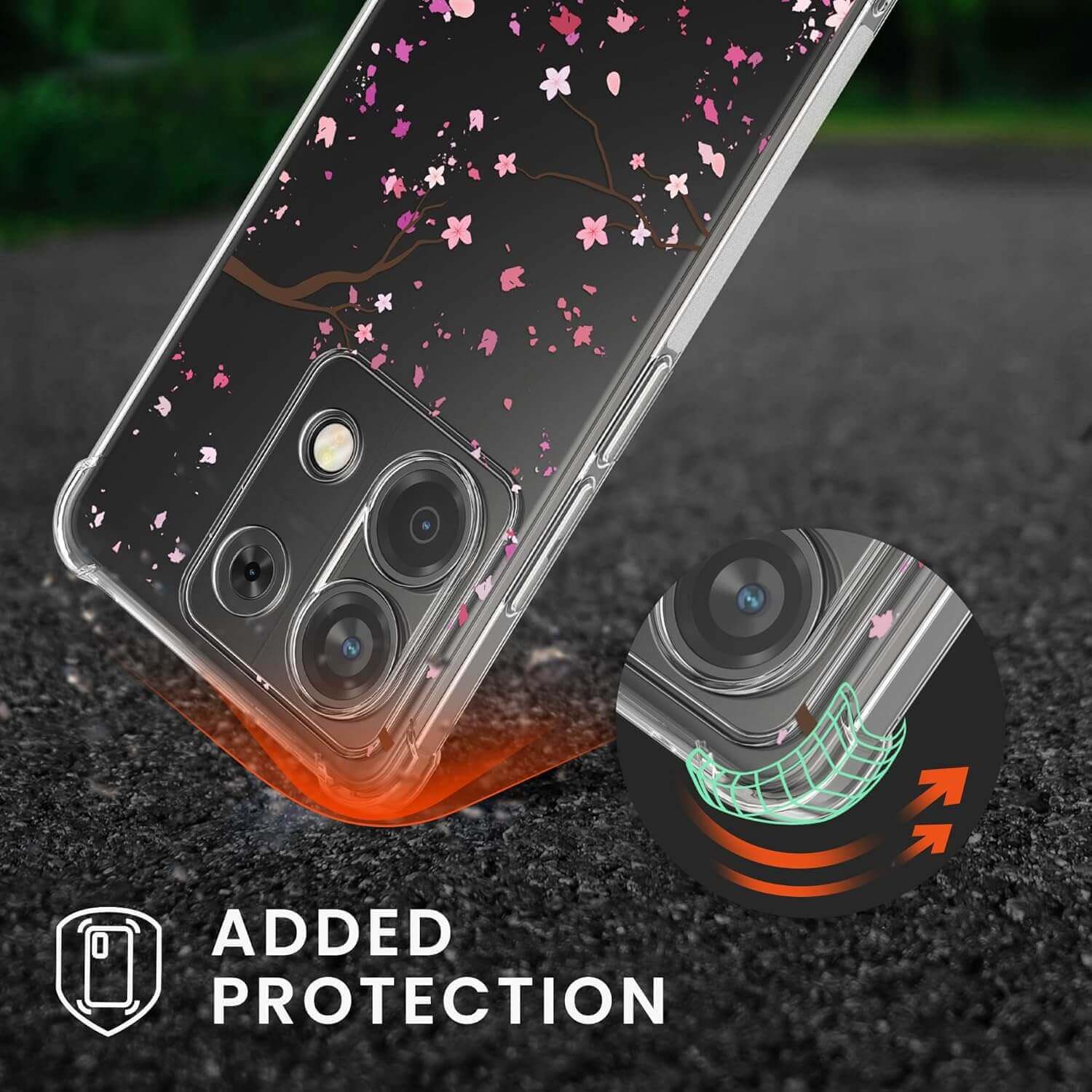 KW Xiaomi Redmi Note 13 Pro 5G / Poco X6 5G Θήκη Σιλικόνης TPU με Λουράκι - Design Cherry Blossom Leaves - Pink / Dark Brown / Διάφανη