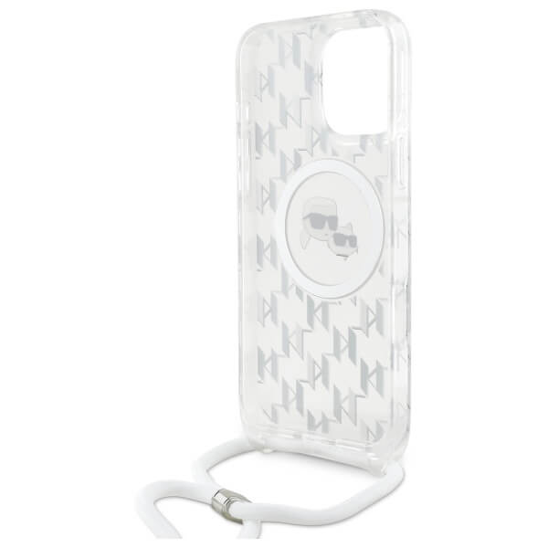 Karl Lagerfeld iPhone 16 Pro - IML Crossbody Monogram Karl and Choupette Head - MagSafe Σκληρή Θήκη με Πλαίσιο Σιλικόνης και Λουράκι - Διάφανη - KLHMP16LHCKCKLCT