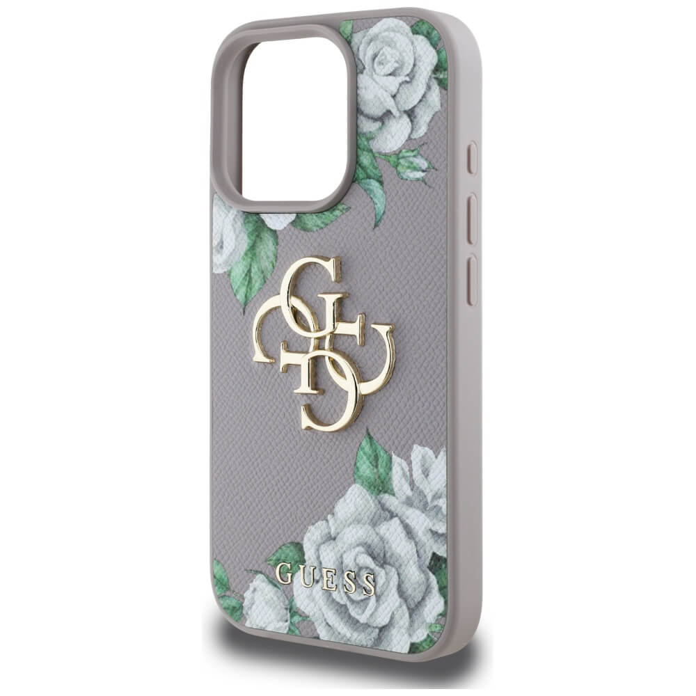 Guess iPhone 16 Pro Max - Grained Roses Big 4G Logo - Σκληρή Θήκη με Επένδυση από Οικολογικό Δέρμα - Purple - GUHCP16XPGROP4MU
