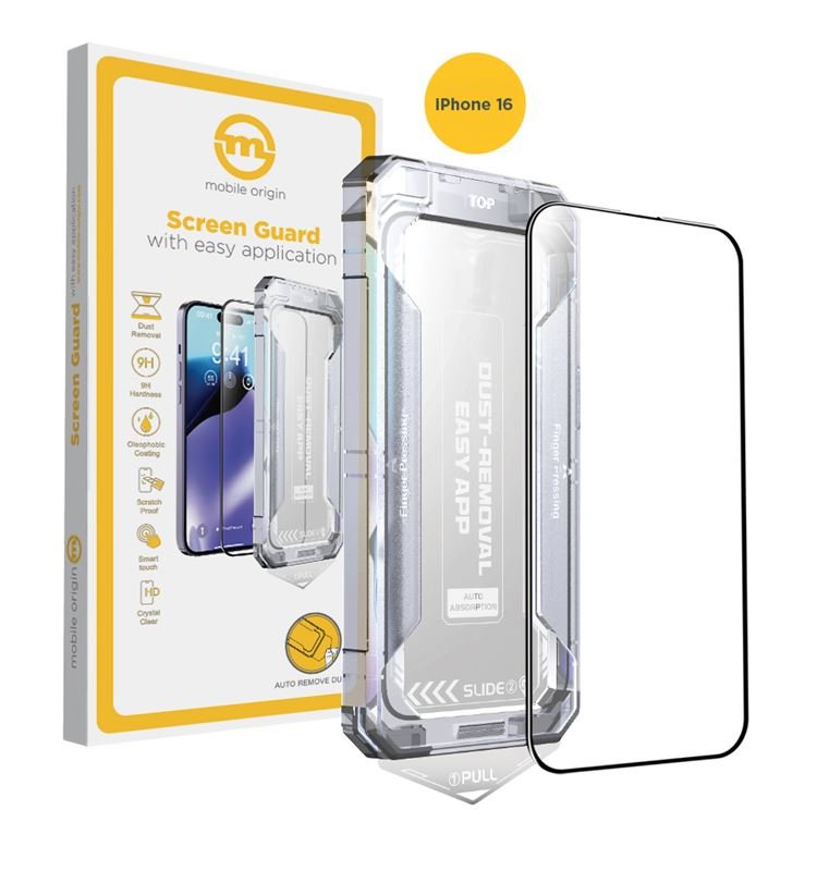 Mobile Origin iPhone 16 Yellow Screen Guard 9H Full Screen Αντιχαρακτικό Γυαλί Οθόνης με Πλαίσιο Τοποθέτησης - Black