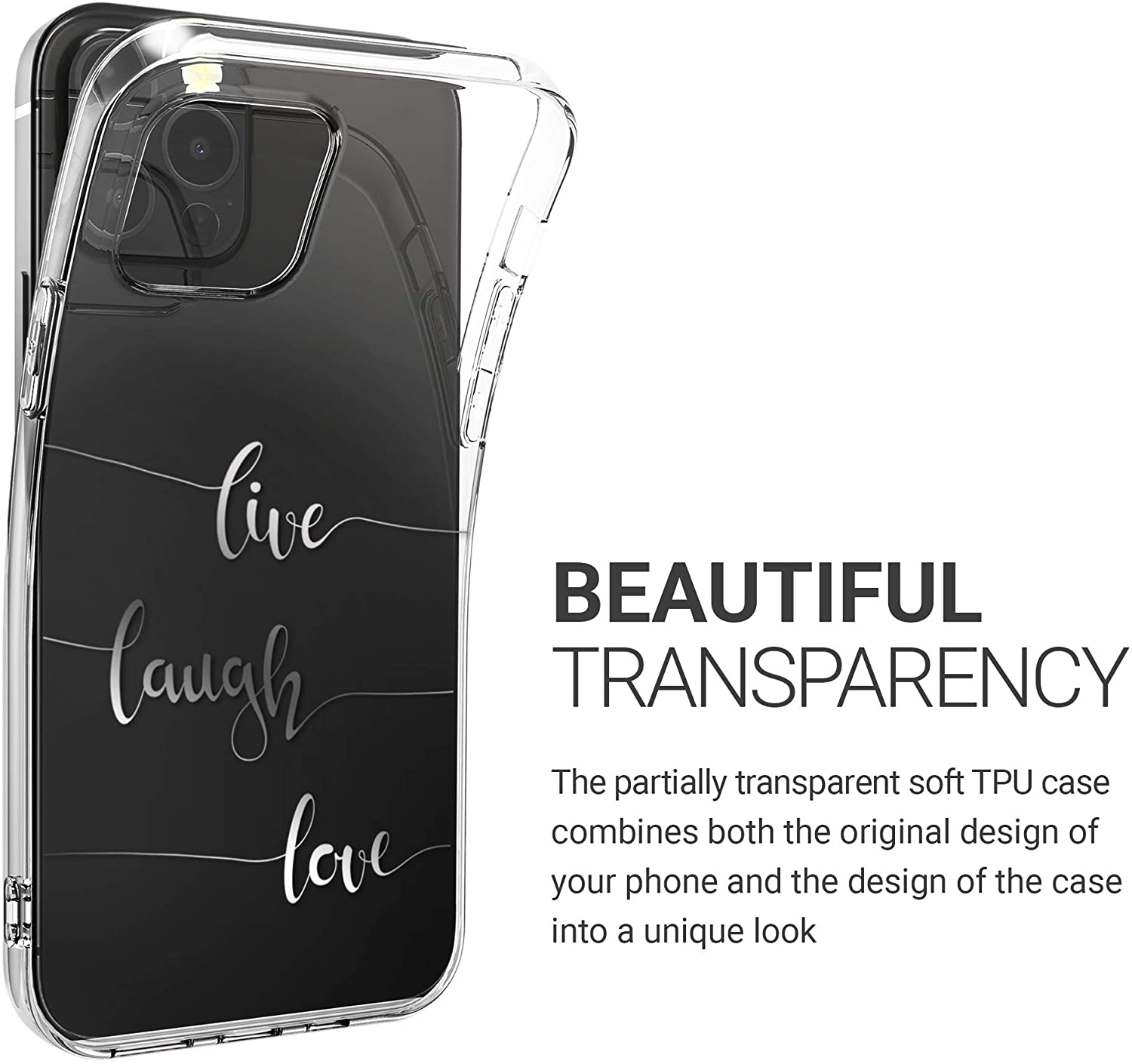 KW iPhone 12 / iPhone 12 Pro Θήκη Σιλικόνης TPU Design Live Laugh Love - Διάφανη / Silver - 53035.04