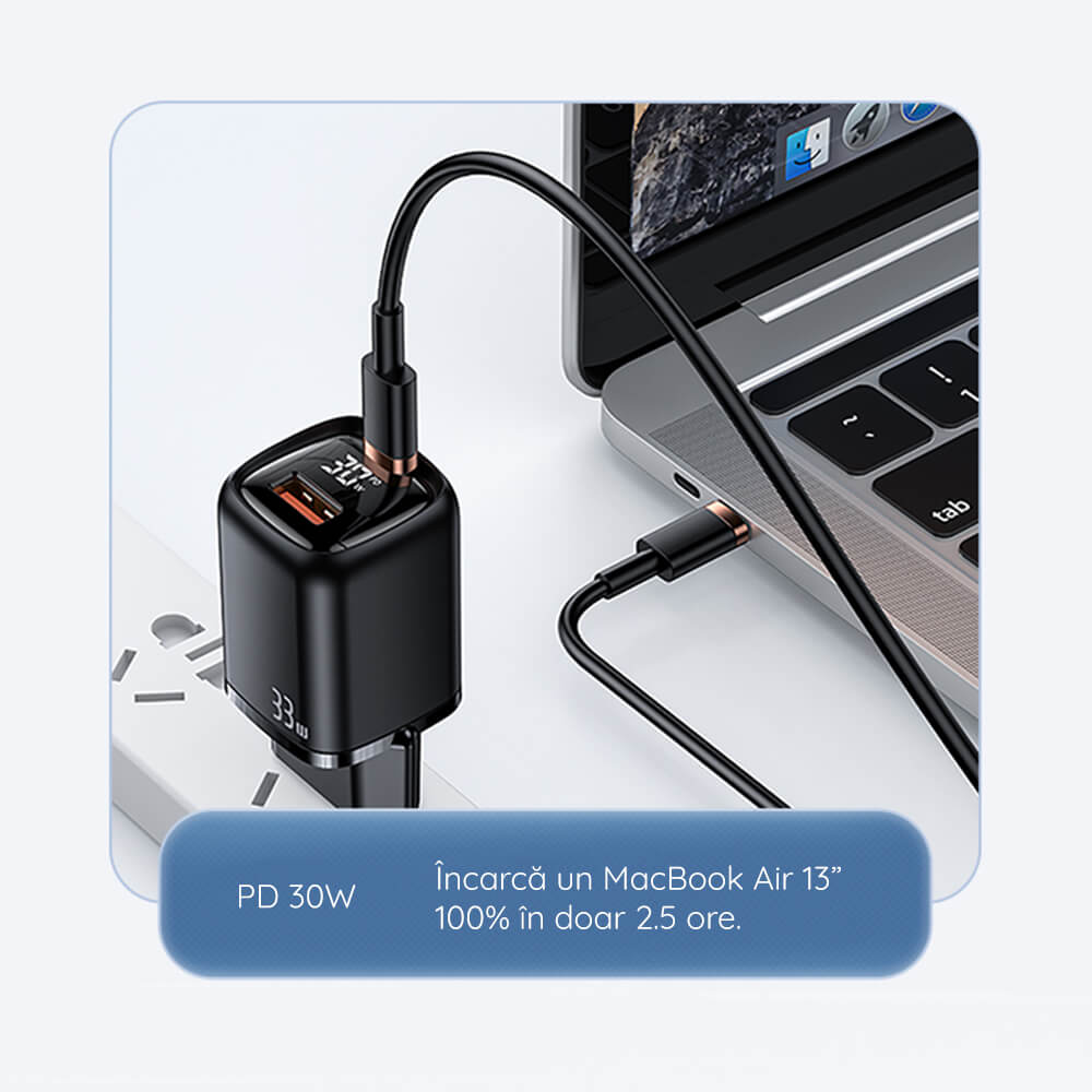 Usams Travel Charger Kit 33W Οικιακός Φορτιστής με 1 Θύρα Type - C και 1 Θύρα USB και καλώδιο Type - C to Lightning 20W - Black - UDTZ01