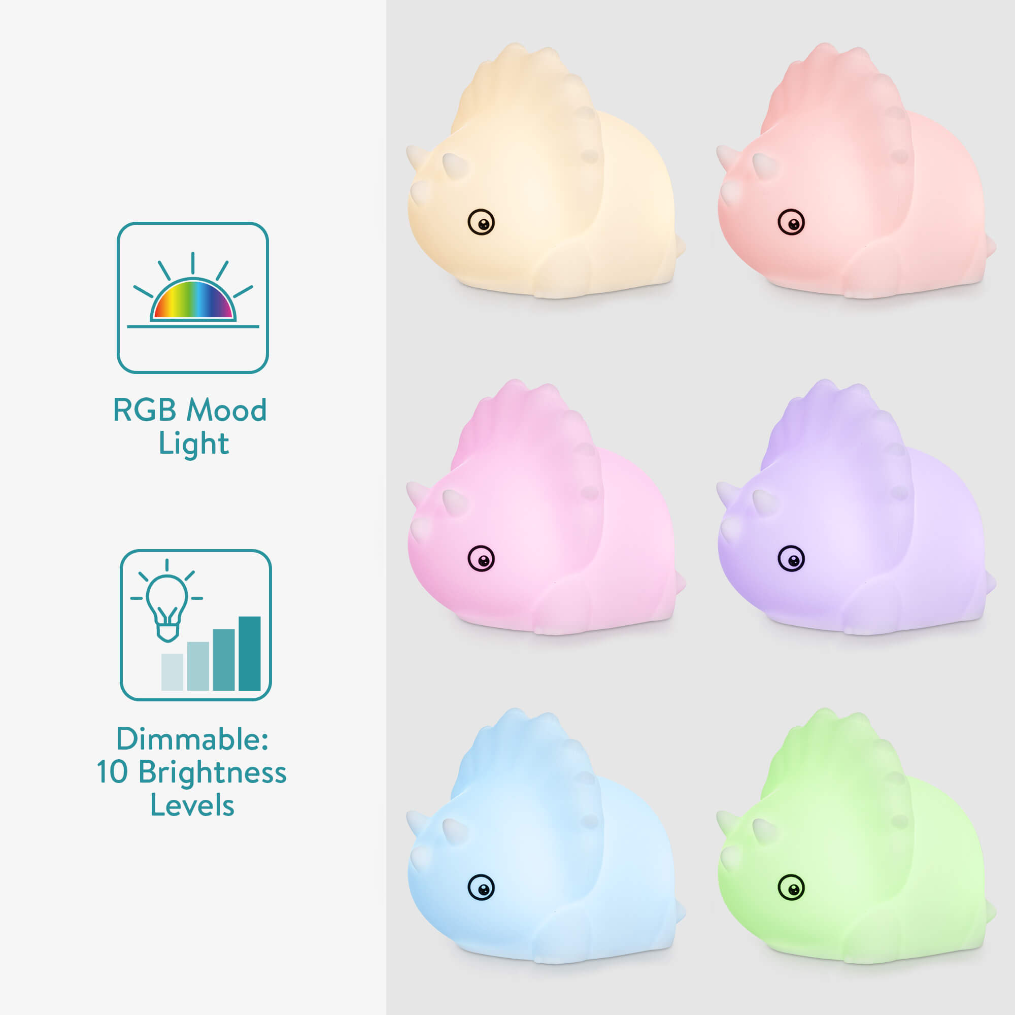 Navaris LED Night Light RGB - Παιδικό Νυχτερινό Φως με Αλλαγή Χρωμάτων - Design Dino Triceratops - White - 55004.02.03