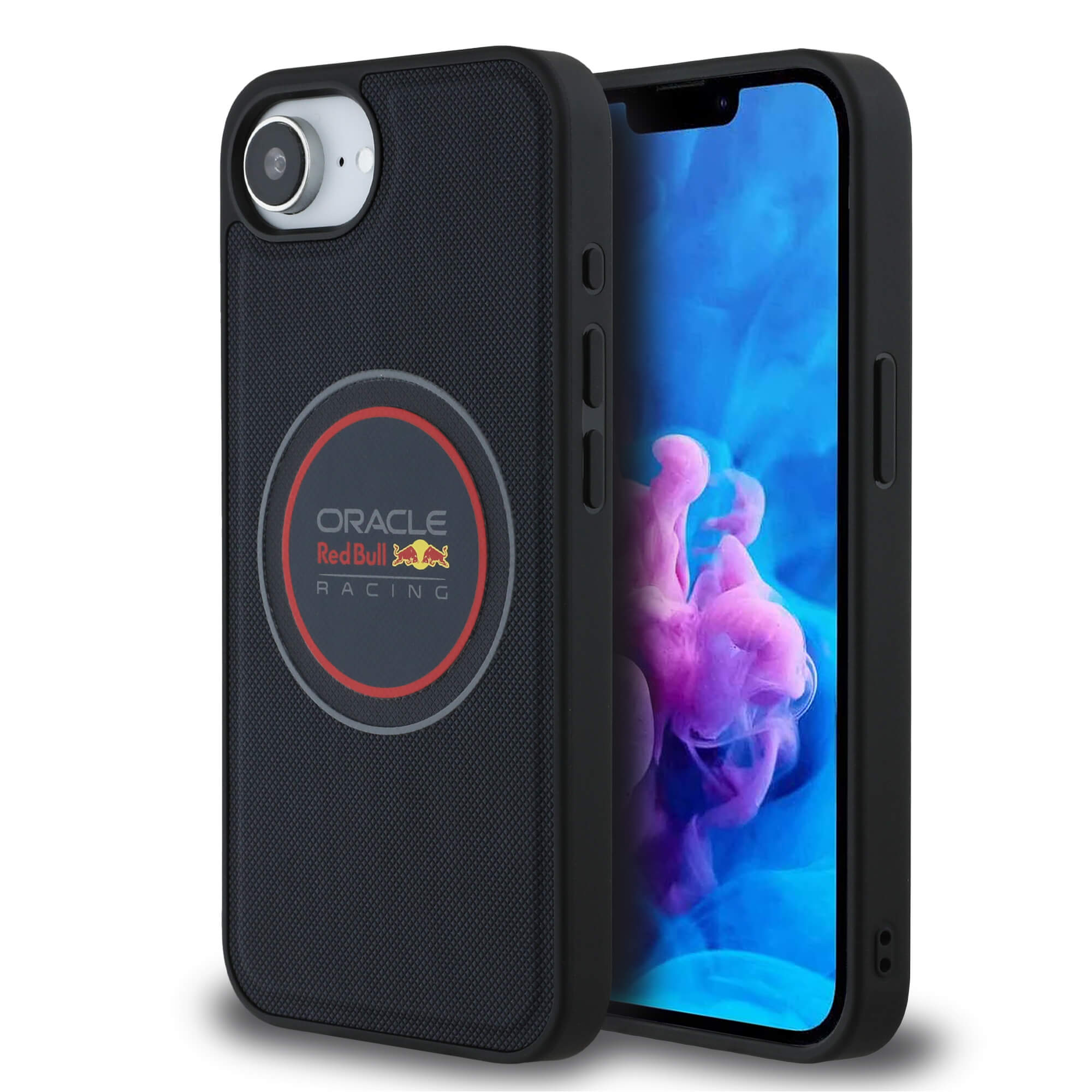 Red Bull iPhone 16e - Meshed Logo and Red Ring - MagSafe Σκληρή Θήκη με Επένδυση Συνθετικού Δέρματος και Πλαίσιο Σιλικόνης - Navy Blue - RBHMPSE424PUMEVR